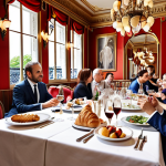 Cultural Business Lunch in Paris**

Prompt: *A vibrant, realistic depiction of a long business lunch in a Parisian bistro. Focus on the atmosphere: people engaged in lively conversation over art, gastronomy, and business deals. Include details like wine glasses, French pastries, and business documents.*

**