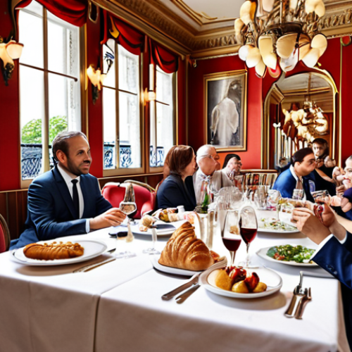 Home 15 Cultural Business Lunch in Paris**
Prompt: *A vibrant, realistic depiction of a long business lunch in a Parisian bistro. Focus on the atmosphere: people engaged in lively conversation over art, gastronomy, and business deals. Include details like wine glasses, French pastries, and business documents.*
**