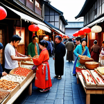 **A bustling international marketplace scene. Vendors from various countries (France, Japan, China) are interacting with customers. Use vibrant colors and culturally specific clothing. Ensure the scene evokes a sense of energetic trade and diverse interactions.**