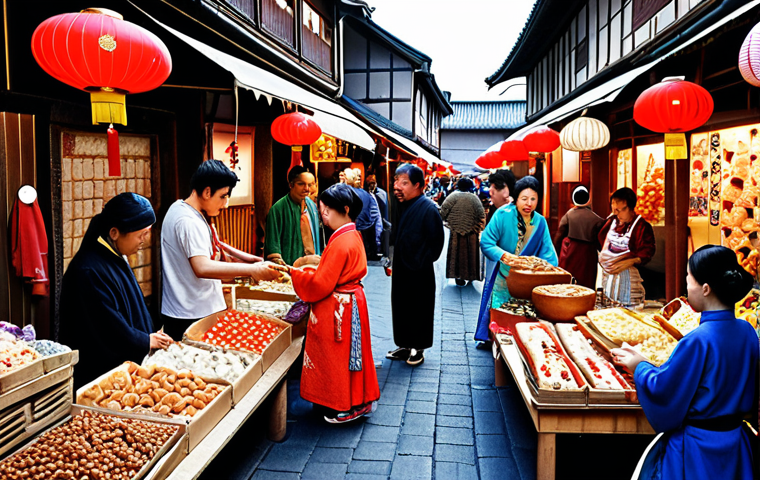 **A bustling international marketplace scene. Vendors from various countries (France, Japan, China) are interacting with customers. Use vibrant colors and culturally specific clothing. Ensure the scene evokes a sense of energetic trade and diverse interactions.**