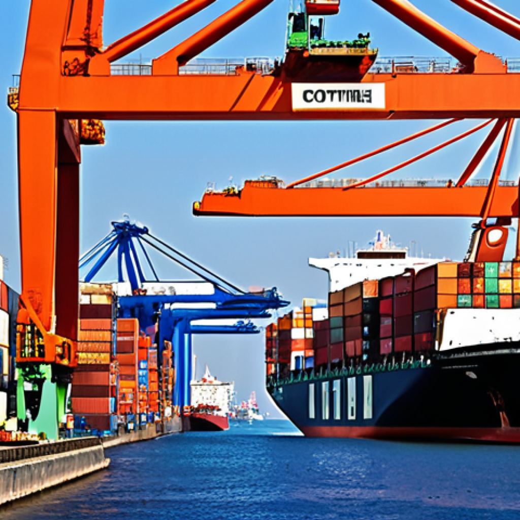 **A bustling international port scene:** Container ships being loaded, cranes in operation, with a focus on the diverse goods being traded. Emphasize the complexity and scale of global commerce. Incoterms signage subtly visible.