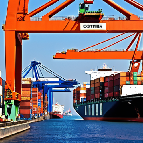 Home 7 **A bustling international port scene:** Container ships being loaded, cranes in operation, with a focus on the diverse goods being traded. Emphasize the complexity and scale of global commerce. Incoterms signage subtly visible.