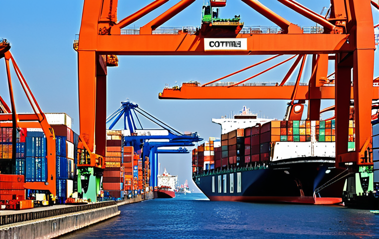 **A bustling international port scene:** Container ships being loaded, cranes in operation, with a focus on the diverse goods being traded. Emphasize the complexity and scale of global commerce. Incoterms signage subtly visible.