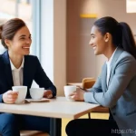 무역업계에서의 네트워킹 성공 전략 - "A warm and inviting scene inside a modern, stylish cafe. Two diverse business professionals, one ma...