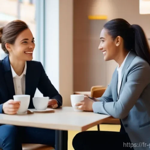 무역업계에서의 네트워킹 성공 전략 - "A warm and inviting scene inside a modern, stylish cafe. Two diverse business professionals, one ma...