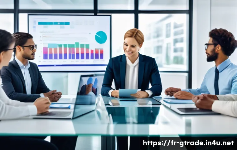 무역 전문가로서의 사회적 책임과 윤리 - A diverse group of international business professionals in a modern office, engaged in a transparent...