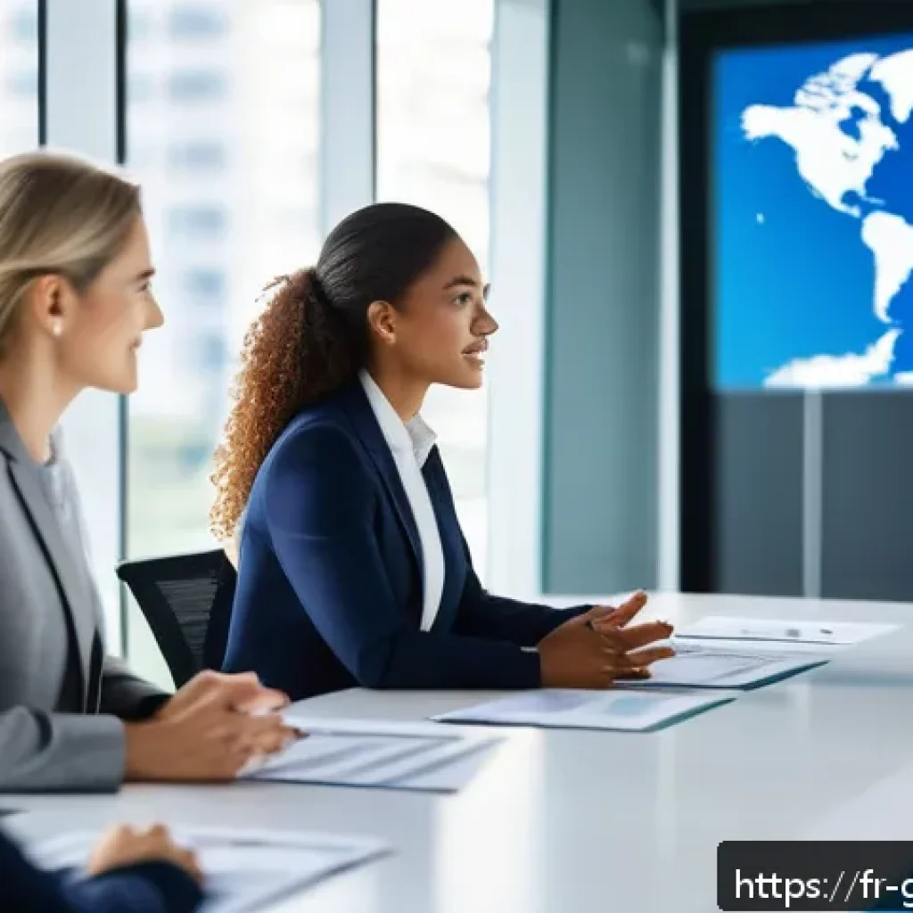 무역업계에서의 여성 전문가 성공 사례 - A confident female business leader in a modern international office setting, dressed in professional...