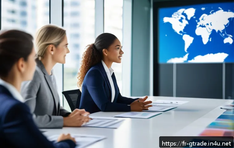 무역업계에서의 여성 전문가 성공 사례 - A confident female business leader in a modern international office setting, dressed in professional...