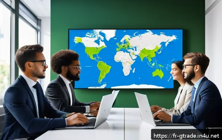 무역 전문가의 스트레스 관리 전략 - A modern international business office environment showing a diverse team of professionals engaged i...